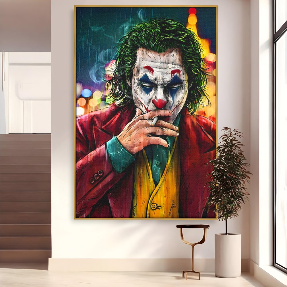 Tablou canvas cu tablou canvas cu jokerul fumand in ploaie, in rama de aluminiu auriu